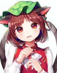 Rule 34 | 1girl, animal ears, blush, bow, bowtie, brown hair, cat ears, cat girl, cat tail, chen, commentary request, earrings, ears down, extra ears, fang, fingernails, food, food on face, green hat, gunjou row, hands on own chest, hat, highres, jewelry, long sleeves, looking at viewer, mob cap, multiple tails, parted bangs, parted lips, red eyes, sharp fingernails, short hair, simple background, slit pupils, solo, tail, tearing up, tears, touhou, twitter username, two tails, upper body, very long fingernails, white background, white bow, white bowtie