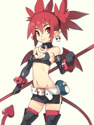 Rule 34 | 1girl, black bra, black footwear, black gloves, black skirt, boots, bra, breasts, closed mouth, disgaea, earrings, elbow gloves, etna (disgaea), gloves, highres, jewelry, looking at viewer, miniskirt, pointy ears, red eyes, red hair, red thighhighs, short hair, simple background, skirt, skull earrings, small breasts, smile, solo, studded bracelet, thigh boots, thighhighs, thighhighs under boots, twintails, underwear, vins-mousseux, white background