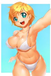 Rule 34 | 1girl, aqua eyes, arm up, armpits, bikini, blonde hair, breasts, character request, cleavage, collarbone, covered erect nipples, face, groin, halterneck, highres, large breasts, navel, nipples, onsoku inu, open mouth, original, plump, revision, short hair, simple background, solo, swimsuit, white bikini