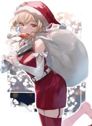Rule 34 | 1girl, bad id, bad twitter id, bag, belt, blonde hair, boots, chicken (food), commentary request, dress, food, genshin impact, gloves, hair between eyes, hat, highres, looking at viewer, lumine (genshin impact), red dress, santa costume, santa gloves, santa hat, solo, thighhighs, umenoume, white background, yellow eyes