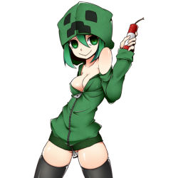 Rule 34 | 1girl, black thighhighs, breasts, censored, cleavage, convenient censoring, creeparka, creeper, dynamite, explosive, green eyes, green hair, hood, hoodie, kinakomoti, matching hair/eyes, minecraft, naked hoodie, no panties, personification, short hair, simple background, small breasts, smile, solo, thighhighs, tnt