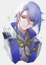 Rule 34 | 1boy, closed mouth, cropped torso, eyebrows hidden by hair, genshin impact, grey background, hair behind ear, highres, kamisato ayato, light smile, looking at viewer, male focus, medium hair, popped collar, purple eyes, sencha (senchat), simple background, solo, swept bangs, tassel, upper body, water drop