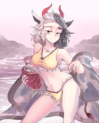 Rule 34 | 1girl, animal ears, animal print, breasts, contrapposto, cow ears, cow girl, cow horns, cow print, cow tail, frilled panties, frills, haori, horns, japanese clothes, mature female, medium breasts, midriff, multicolored hair, navel, panties, red eyes, red horns, smile, split-color hair, standing, statue, stomach, sunnysideup, tail, tank top, touhou, two-tone hair, underwear, ushizaki urumi, yellow panties, yellow tank top
