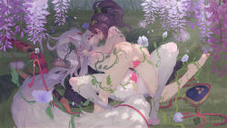 Rule 34 | 2girls, animal ears, animal hands, anus, artist name, ass, barefoot, bite mark, black bow, blood, blue flower, blurry, blurry foreground, blush, bow, bow (weapon), breasts, brown hair, censored, clitoral hood, clitoris, closed eyes, dated, female focus, flower, from behind, furry, furry female, green background, green ribbon, grey hair, hair bow, hair ornament, hair ribbon, hakurou (onmyoji), hand up, heart, heart censor, high ponytail, highres, holding hands, injury, interspecies, kiss, knee up, lin mzhh, long hair, lying, medium breasts, multiple girls, muneate, nipples, nose blush, nude, on back, onmyoji, pawpads, plant, purple flower, pussy, pussy juice, ribbon, rope, shiny skin, signature, spread legs, spread pussy, tail, tears, transparent censoring, vaginal, vines, weapon, wisteria, ying grass, yuri