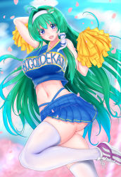 Rule 34 | 1girl, absurdres, arm up, armpits, ass, blue eyes, blue skirt, breasts, cheering, cheerleader, clothes writing, crop top, crop top overhang, frog hair ornament, ganbare ganbare (itou life), green hair, hair ornament, hair tubes, highres, holding, holding pom poms, kochiya sanae, kou (inaba), large breasts, long hair, long legs, midriff, miniskirt, navel, open mouth, pleated skirt, pom pom (cheerleading), purple footwear, shirt, shoes, skirt, sleeveless, sleeveless shirt, smile, snake hair ornament, sneakers, solo, standing, standing on one leg, sugoi dekai, thick thighs, thighs, touhou, white background, white footwear, white legwear