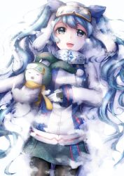Rule 34 | 1girl, absurdres, black pantyhose, blue eyes, blue hair, blush, eyebrows, gloves, goggles, goggles on head, hatsune miku, highres, long hair, long sleeves, looking at viewer, open mouth, pantyhose, raymond busujima, smile, snow, solo, twintails, vocaloid, white gloves, yuki miku, yukine (vocaloid)