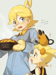 Rule 34 | 1boy, 1girl, ahoge, blonde hair, blue eyes, bonnie (pokemon), brother and sister, brown shirt, clemont (pokemon), cocaduel, commentary request, creatures (company), dedenne, drooling, food, game freak, gen 6 pokemon, glasses, grey jumpsuit, holding, jumpsuit, korean text, mouth drool, nintendo, on head, open mouth, oven mitts, pie, pokemon, pokemon (anime), pokemon (creature), pokemon on head, pokemon xy (anime), round eyewear, shirt, short hair, siblings, sleeveless, sleeveless shirt, sparkle, teeth, tongue, translation request, upper teeth only