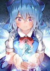 Rule 34 | 1girl, blue background, blue bow, blue dress, blue hair, blush, bow, bowtie, breasts, cirno, closed mouth, collar, collared shirt, dress, eyes visible through hair, hair between eyes, hands up, highres, ice, ice wings, light, medium breasts, puffy short sleeves, puffy sleeves, purple eyes, red bow, red bowtie, shadow, shirt, short hair, short sleeves, smile, snow, solo, tamagogayu1998, touhou, white shirt, white sleeves, wings