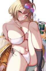Rule 34 | 1girl, anis (nikke), anis (sparkling summer) (nikke), bare shoulders, bikini, breasts, brown hair, can, cleavage, collarbone, commentary, eyewear on head, goddess of victory: nikke, grin, hair ornament, highres, holding, holding can, jacket, jewelry, kazuha (saku kn), knee up, large breasts, long sleeves, looking at viewer, navel, necklace, off shoulder, official alternate costume, open clothes, open jacket, parted lips, short hair, side-tie bikini bottom, sitting, smile, star (symbol), star necklace, sunglasses, swimsuit, teeth, thighs, wet, white bikini, yellow eyes, yellow jacket