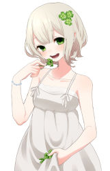 Rule 34 | 1girl, bare arms, bare shoulders, blonde hair, blush, bracelet, clover, collarbone, female focus, four-leaf clover, green eyes, jewelry, looking at viewer, musco, original, simple background, sleeveless, smile, solo, white background