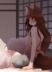 Rule 34 | 1boy, 1girl, age difference, animal ears, arano oki, arm support, back, blush, brown hair, closed mouth, from side, imaizumi kagerou, long hair, nude, profile, red eyes, sitting, sunlight, sweat, tail, touhou, under covers, wolf ears, wolf girl, wolf tail