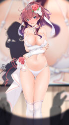 Rule 34 | 1girl, 2boys, arm under breasts, bare shoulders, blue eyes, blush, breasts, detached collar, flower, full body, gloves, hair flower, hair ornament, kippuru, konohana suzuka, large breasts, long hair, multiple boys, multiple views, navel, open mouth, panties, ponytail, red flower, red hair, red rose, revealing clothes, rose, solo focus, sweatdrop, thighhighs, tiara, toji no miko, underwear, white footwear, white gloves, white panties, white thighhighs