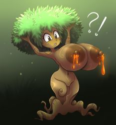 Rule 34 | !?, 1girl, blush stickers, breasts, commentary, curvy, english commentary, gradient background, green background, highres, huge breasts, lactation, large areolae, metachoke, monster girl, navel, nipples, plant girl, shantae (series), simple background, tree