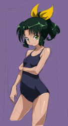 Rule 34 | 10s, 1girl, green eyes, green hair, looking at viewer, matching hair/eyes, midorikawa nao, one-piece swimsuit, ponytail, precure, purple background, rohitsuka, short hair, simple background, sketch, smile, smile precure!, solo, swimsuit