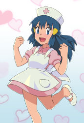 Rule 34 | 1girl, :d, absurdres, apron, blue eyes, blue hair, clenched hands, collared dress, commentary request, cosplay, creatures (company), dawn (pokemon), dress, eyelashes, game freak, hair ornament, hairclip, hands up, hat, heart, highres, joy (pokemon), joy (pokemon) (cosplay), leg up, long hair, looking at viewer, miraa (chikurin), nintendo, nurse, nurse cap, open mouth, pink dress, pokemon, pokemon (anime), pokemon dppt (anime), shoes, short sleeves, smile, solo, tongue, white apron, white footwear