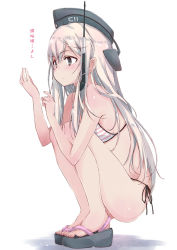 Rule 34 | 1girl, alternate costume, ass, bare legs, bare shoulders, bikini, blush, breasts, closed mouth, commentary request, flip-flops, from side, garrison cap, grey eyes, hair between eyes, hat, headgear, kantai collection, long hair, sandals, side-tie bikini bottom, simple background, small breasts, solo, squatting, string bikini, striped bikini, striped clothes, swimsuit, u-511 (kancolle), white background, yumesato makura