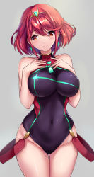 Rule 34 | 1girl, bare shoulders, black one-piece swimsuit, blush, breasts, chest jewel, competition swimsuit, covered navel, earrings, gairou (takakuan), highleg, highleg swimsuit, highres, jewelry, large breasts, looking at viewer, one-piece swimsuit, pyra (pro swimmer) (xenoblade), pyra (xenoblade), red eyes, red hair, red one-piece swimsuit, short hair, smile, solo, swept bangs, swimsuit, thighs, tiara, two-tone swimsuit, xenoblade chronicles (series), xenoblade chronicles 2