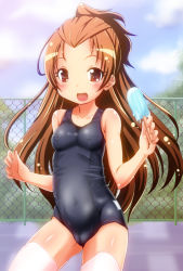 Rule 34 | 1girl, :d, akimoto kei, blush, breasts, brown hair, covered navel, dokidoki! precure, food, heart, heart-shaped pupils, long hair, looking at viewer, madoka aguri, one-piece swimsuit, open mouth, popsicle, precure, red eyes, school swimsuit, small breasts, smile, solo, swimsuit, symbol-shaped pupils, thighhighs, white thighhighs