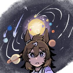 Rule 34 | 1girl, :d, ^ ^, animal ears, brown hair, character request, closed eyes, commentary, daitaku helios (umamusume), e-ncyo, fang, hair between eyes, highres, horse ears, meme, multicolored hair, name connection, object namesake, open mouth, orbital path, parted lips, planet, planetary ring, portrait, puffy sleeves, purple eyes, purple shirt, school uniform, shinko windy (umamusume), shirt, smile, solo, space cat (meme), streaked hair, sun, tracen school uniform, umamusume, v-shaped eyebrows, white hair