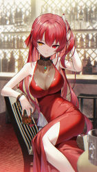 Rule 34 | 1girl, alternate costume, bar (place), bottle, breasts, cleavage, closed mouth, cup, dress, hair between eyes, hair ribbon, halterneck, hand in own hair, heterochromia, highres, holding, holding cup, hololive, houshou marine, indoors, large breasts, long hair, red dress, red eyes, red hair, red ribbon, ribbon, scottie (phantom2), see-through, see-through cleavage, sitting, sleeveless, sleeveless dress, smile, solo, thighs, very long hair, virtual youtuber, yellow eyes