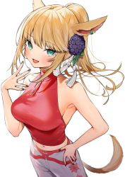 Rule 34 | 1girl, absurdres, animal ears, warrior of light (ff14), black nails, blonde hair, breasts, cat ears, cat girl, cat tail, final fantasy, final fantasy xiv, fingernails, flower, green eyes, hair flower, hair ornament, hand on own hip, highres, itohana, large breasts, looking at viewer, midriff, miqo&#039;te, nail polish, navel, pants, ponytail, short hair, simple background, sleeveless, slit pupils, solo, tail, white background, white pants