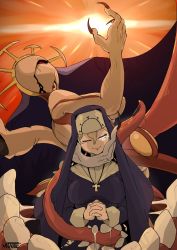 Rule 34 | 1girl, blonde hair, breasts, claws, closed mouth, cross, cross necklace, crown, double (skullgirls), extra arms, extra eyes, extra mouth, habit, hair between eyes, highres, jewelry, large breasts, monster, monster girl, necklace, nun, one eye closed, open mouth, own hands together, red background, red eyes, skullgirls, smile, solo, tongue, tongue out, vitallic