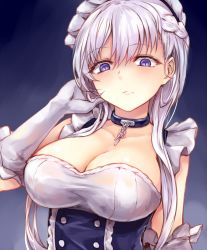 Rule 34 | 1girl, apron, azur lane, belfast (azur lane), blue eyes, blush, braid, breasts, chain, cleavage, collar, collarbone, corset, dress, french braid, frills, gloves, hand on own cheek, hand on own face, highres, large breasts, long hair, looking at viewer, maid, maid headdress, sidelocks, silver hair, simple background, slit pupils, solo, sukemyon, tsurime, upper body, white gloves