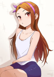 Rule 34 | 1girl, absurdres, bare shoulders, bike shorts, blush, breasts, brown hair, collarbone, commentary, hairband, highres, idolmaster, idolmaster (classic), idolmaster million live!, idolmaster million live! theater days, long hair, looking at viewer, minase iori, ms rinmoku, parted lips, pink hairband, red eyes, shadow, shirt, simple background, sitting, sleeveless, sleeveless shirt, small breasts, solo, white background, white shirt
