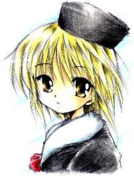 Rule 34 | 1girl, ayaaiserio, black hat, black jacket, blonde hair, commentary request, fur-trimmed jacket, fur hat, fur trim, hat, jacket, looking at viewer, lowres, lunasa prismriver, neck ribbon, papakha, parted lips, portrait, red ribbon, ribbon, russian clothes, short hair, simple background, solo, touhou, white background, yellow eyes