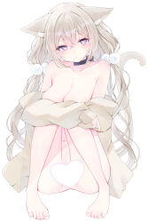 Rule 34 | 1girl, absurdres, animal ears, bare shoulders, black choker, blonde hair, breasts, cardigan, cat ears, cat tail, censored, choker, collarbone, hair between eyes, heart, heart-shaped pupils, heart censor, highres, long hair, medium breasts, naked cardigan, navel, off shoulder, open cardigan, open clothes, original, purple eyes, sitting, solo, symbol-shaped pupils, tail, tsuyuri eri, twintails, white background