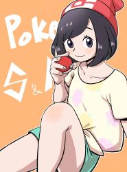 Rule 34 | 1girl, bare legs, beanie, black eyes, black hair, blush, bob cut, closed mouth, collarbone, copyright name, creatures (company), facing away, flat chest, floral print, game freak, green shorts, hat, highres, holding, holding poke ball, leg up, looking at viewer, nintendo, nutkingcall, orange background, outline, player character, poke ball, poke ball (basic), pokemon, pokemon sm, red hat, selene (pokemon), shirt, short hair, short sleeves, shorts, simple background, sitting, smile, solo, swept bangs, t-shirt, tareme, tied shirt, yellow shirt