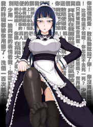 Rule 34 | 1girl, black panties, blue eyes, blue hair, blush, chinese text, clothes lift, dress, dress lift, foot focus, frills, hand on own hip, highres, long hair, maid, maid headdress, morikurousagi, narberal gamma, overlord (maruyama), panties, ponytail, sexually suggestive, solo, text background, text focus, thighhighs, translation request, underwear, wall of text