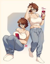 Rule 34 | 1girl, absurdres, breasts, brown eyes, brown hair, camisole, cleavage, collarbone, confused, english text, glasses, grey pants, highres, large breasts, looking at phone, looking down, multiple views, off shoulder, original, pants, phone, short hair, sitting, snowcie, snowciel, sweatpants, white camisole
