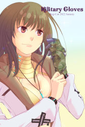Rule 34 | 1girl, adjusting clothes, adjusting gloves, brown eyes, camouflage gloves, closed mouth, commentary request, dated, earrings, gem, gloves, green hair, highres, jewelry, jumpsuit, long hair, long sleeves, looking afar, mechanic (ragnarok online), necklace, official alternate costume, open jumpsuit, ragnarok online, saishichi, single glove, smile, solo, upper body, white jumpsuit