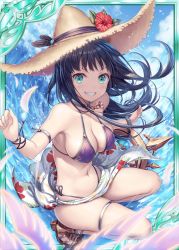 Rule 34 | 1girl, akkijin, aqua eyes, arm strap, armpits, bare shoulders, bikini, black choker, black hair, breasts, brown hat, choker, cleavage, cloud, day, floating hair, flower, grin, halterneck, hat, hat flower, long hair, looking at viewer, medium breasts, navel, official art, outdoors, sandals, sarong, shinkai no valkyrie, side-tie bikini bottom, sky, smile, solo, stomach, straw hat, swimsuit, thigh strap, thighs, v-shaped eyebrows, water, waves, wings