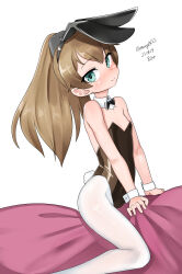 Rule 34 | 1girl, absurdres, alternate costume, animal ears, bare shoulders, black bow, black bowtie, black leotard, blue eyes, bow, bowtie, brown hair, detached collar, feet out of frame, flat chest, highres, kantai collection, kumano (kancolle), leotard, long hair, maru (marg0613), one-hour drawing challenge, pantyhose, pillow, playboy bunny, ponytail, rabbit ears, rabbit tail, riding, simple background, solo, strapless, strapless leotard, tail, white background, white pantyhose, wrist cuffs