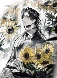 Rule 34 | 1boy, black hair, black jacket, black necktie, bouquet, closed mouth, collared shirt, flower, highres, holding, holding bouquet, holding flower, jacket, long hair, long sleeves, looking at viewer, male focus, necktie, original, parted bangs, remsrar, shirt, solo, sunflower, upper body, white shirt, wing collar, yellow eyes