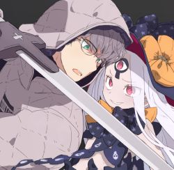 Rule 34 | 1boy, 1girl, abigail williams (fate), abigail williams (third ascension) (fate), bare shoulders, black bow, black headwear, blush, bow, breasts, colored skin, fate/grand order, fate/grand order arcade, fate (series), forehead, glasses, green eyes, grey hair, grey jacket, grin, hair bow, hat, hood, hood up, hooded jacket, jacket, jacques de molay (saber) (fate), keyhole, long hair, long sleeves, moruka (karupattyo03), multiple bows, open mouth, orange bow, parted bangs, polka dot, polka dot bow, red eyes, short hair, small breasts, smile, sword, thighs, third eye, weapon, white hair, white skin, witch hat