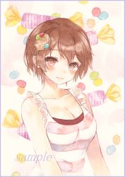 Rule 34 | 1girl, arms at sides, bad id, bad pixiv id, bare shoulders, blush, breasts, brown eyes, brown hair, candy, cleavage, closed mouth, collarbone, colored pencil (medium), food, food-themed background, frills, jelly bean, looking at viewer, marker (medium), medium breasts, original, painting (medium), potto, sample watermark, short hair, smile, solo, tank top, traditional media, upper body, watercolor (medium), watermark