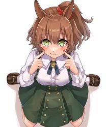 Rule 34 | 1girl, alternate costume, animal ears, aston machan (umamusume), blush, boots, breasts, brown hair, casual, commentary request, green eyes, hair ornament, highres, horse ears, horse tail, jitsumuraakiho, medium breasts, medium hair, pointing, pointing at self, seiza, sitting, smile, tail, umamusume, white background