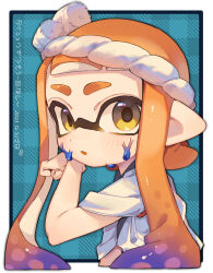 Rule 34 | 1girl, blush, brown eyes, inkling girl, inkling player character, long hair, looking at viewer, nintendo, orange hair, parted lips, pointy ears, sahata saba, shirt, short sleeves, solo, splatoon (series), translation request, twintails, upper body, white shirt