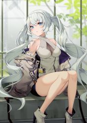Rule 34 | 1girl, bare legs, bare shoulders, blue eyes, breasts, commentary request, grey footwear, grey jacket, grey shirt, high heels, highres, icomochi, jacket, large breasts, long hair, long sleeves, looking at viewer, off shoulder, open clothes, open jacket, original, parted lips, shirt, silver hair, sitting, sleeveless, sleeveless shirt, sleeveless turtleneck, solo, thighs, turtleneck, twintails, very long hair, wavy hair