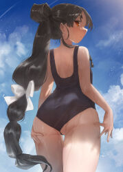 Rule 34 | 1girl, ass, black hair, blue one-piece swimsuit, blue sky, blush, brown eyes, cloud, cloudy sky, hair tie, high ponytail, highres, kantai collection, long hair, looking at viewer, looking back, multi-tied hair, nisshin (kancolle), one-piece swimsuit, outdoors, ribbon, school swimsuit, short eyebrows, sky, solo, swimsuit, swimsuit under clothes, thick eyebrows, toka (marchlizard), very long hair, wet, wet clothes, wet swimsuit
