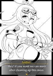 Rule 34 | 1girl, absurdres, amber (genshin impact), boots, bow (weapon), breasts, english text, genshin impact, gi0, gloves, goggles, goggles on head, hair between eyes, hair ornament, hair ribbon, highres, holding, holding bow (weapon), holding weapon, looking at viewer, looking back, monochrome, one eye closed, ribbon, shorts, smile, solo, thigh boots, thighhighs, thighs, weapon