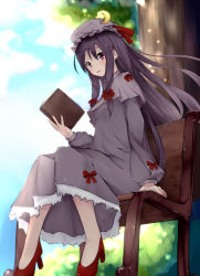 Rule 34 | 1girl, amatsuki hotaru, bench, blush, book, bow, crescent, dress, female focus, hair bow, high heels, highres, long hair, patchouli knowledge, purple hair, red eyes, ribbon, shoes, sitting, smile, solo, touhou