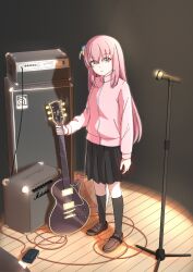 Rule 34 | 1girl, absurdres, amplifier, blue eyes, bocchi the rock!, cube hair ornament, electric guitar, gibson les paul, gotoh hitori, guitar, hair between eyes, hair ornament, highres, holding, holding guitar, holding instrument, instrument, jacket, lemonztea, long hair, long sleeves, looking at viewer, marshall, pink hair, pink jacket, pink track suit, side ahoge, skirt, solo, speaker, stage, track jacket