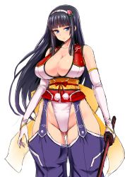 Rule 34 | 1girl, bare shoulders, black hair, blue eyes, blush, breasts, cleavage, curvy, elbow gloves, female focus, food, fruit, gloves, groin, hair ornament, hairband, hairclip, highleg, ishimiso (ishimura), large breasts, long hair, looking at viewer, original, peach, solo, standing, sword, thighs, weapon, wide hips