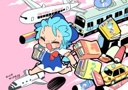 Rule 34 | 1girl, aircraft, airplane, bag, barefoot, blue dress, blue hair, book, bow, bus, car, cd, cirno, closed eyes, cloud, commentary request, cover, dress, english text, hair bow, koinobori, motor vehicle, moyazou (kitaguni moyashi seizoujo), open mouth, pink background, ribbon, running, scroll, shopping bag, short hair, short sleeves, spacecraft, touhou, train, vehicle focus, windsock, wings