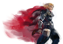 Rule 34 | 1boy, armor, beard, blonde hair, cape, facial hair, hammer, male focus, manly, marvel, marvel cinematic universe, mjolnir (marvel), pump (pumpqmuq), red cape, solo, thor (marvel), vambraces, walking, weapon, white background, wind