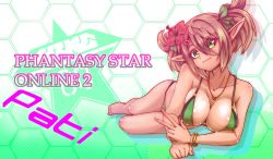 Rule 34 | 1girl, arm support, blush, bracelet, breasts, brown hair, cleavage, flower, foreshortening, green eyes, hair flower, hair ornament, highres, jewelry, large breasts, looking at viewer, lying, on stomach, patty (pso2), pendant, phantasy star, phantasy star online 2, pointy ears, shiny skin, short hair, smile, solo, swimsuit, twintails, v, wisespeak